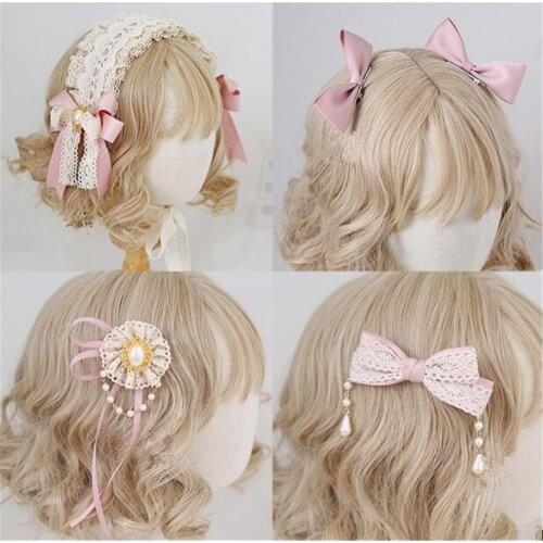 Sweet Lolita Pink Lace Hairpin Trim Bow Hairband Side Clip Headdress KC Hair Hoop Headband Hair Accessories B1511