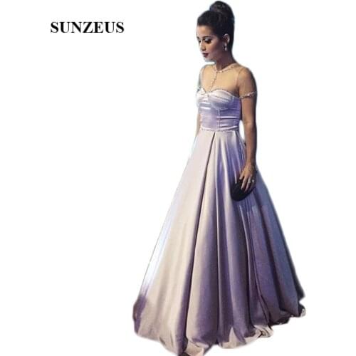 Pink Satin A-Line Evening Dresses 2019 See Though O-Neck Beaded Sequins Shiny Formal Dresses vestidos largos de noche SE2