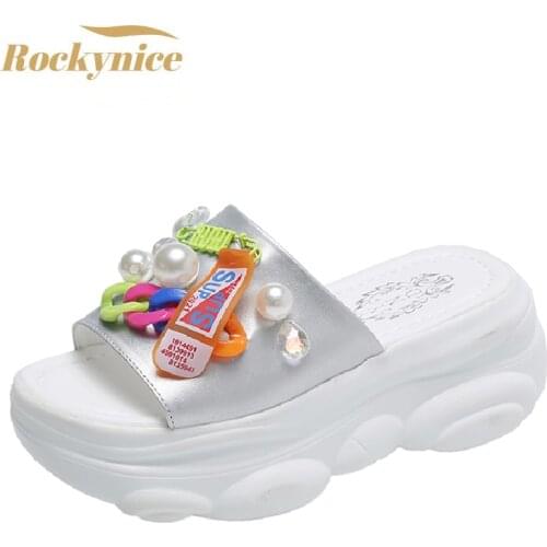 Platform Womens Sandals 2021 Fashion Summer Pearl Slippers Women Thick Soled Beach Sandals Casual Open Toed Chunky Shoes Woman