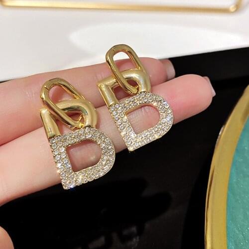 New Shiny Letter B Inlaid Rhinestone Earrings for Women Luxury High Quality Design Jewelry Korean Version Wedding Party Gifts