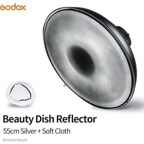 Godox 55cm 22" Studio Silver Beauty Dish Bowens Mount + Honeycomb Grid + Diffuser Sock for DE300 SK300II SK400II QT600 DP600
