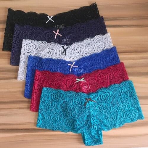 6 PCS/Lot Ladies Sexy Boyshort Lace Panties Women Lingerie Transparent Fashion Culotte Femme Underwear Female Pantys Solid Color