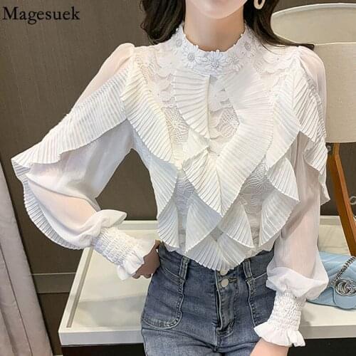 Autumn Sweet Flower Stand Collar Chiffon Shirts Lace Pleated Ruffle Blouse Women Elegant Slim Fit Womens Long Sleeve Top 16892