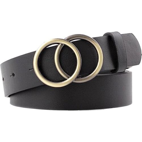 Women Girls Leather Belt Round Ring Metal Double Buckle Belt Elegent For Womens Jeans Waistband Belts