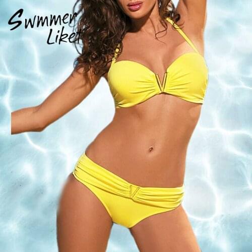 Push up white swimwear women 2020 Summer V sexy bikini set Retro bandeau woman swimsuit separate two piece Solid bathing suit