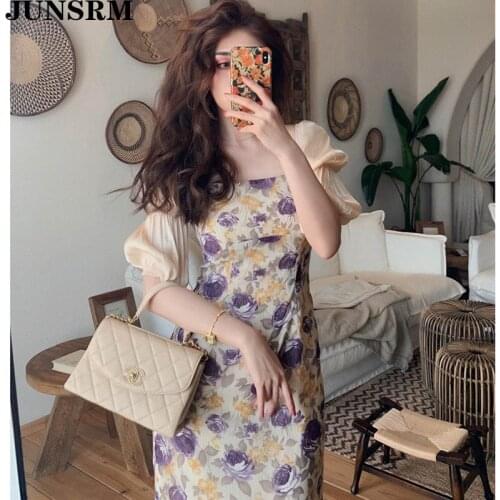 Elegant Square Collar Floral Print Midi Dress Women Vintage Puff Sleeve Bodycon A-Line Dress Korean Chic Summer Dresses Sundress