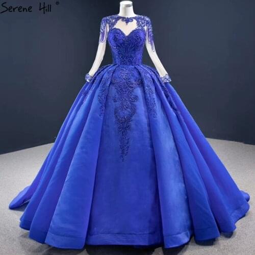 Royal Blue Crystal Beading O-Neck Plus Size Wedding Dresses 2020 Luxury Long Sleeves Lace Up Bride Gowns BHM67160 Couture Dress