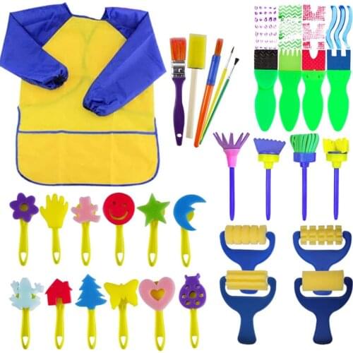 31pcs/Lot Kids Early Learning Sponge Painting Brush Kit Child Fun Painting Brushes Long Sleeve Waterproof Apron Art Sets