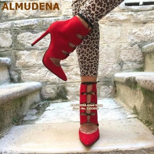 ALMUDENA Pointed Toe Lace-up Ankle Boots Cut-out Cross Strappy Dress Shoes Red Black Leopard Suede Glatiator Booties Size47 Heel
