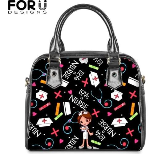 FORUDESIGNS Black Kawaii Nurse Pattern Women Luxury Handbag Lady PU Leather Party Shoulder Bag Crossbody Bags Female Bolsa Femme