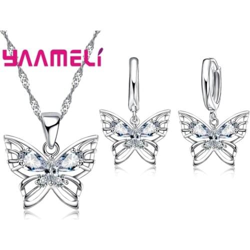 New Fashion 925 Sterling Silver Jewelry Sets Shining Clear Austrian Crystal Inlaid Butterfly Wedding Pendant Necklace Earrings