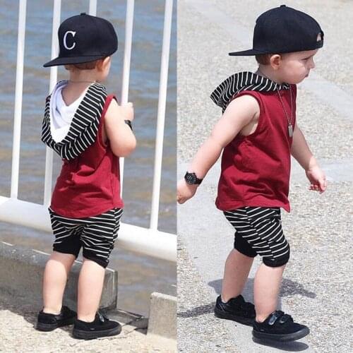 Summer Cute Toddler Kids Baby Boy Clothes Set Sleeveless Hooded Tops and Striped Shorts Pant 2PCS Outfits