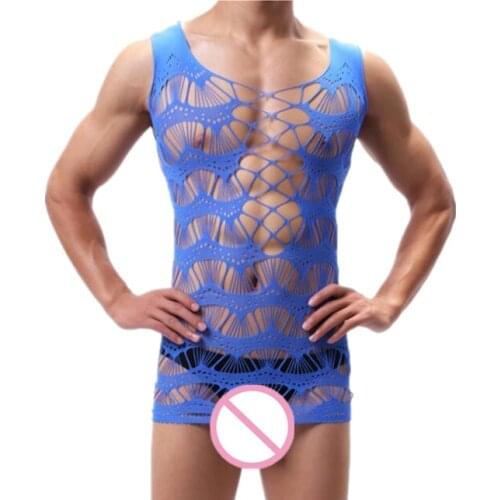 Adults Underwear Hollow Out Lingerie Babydolls for Male Stretchy NightDress Sexy Costumes Sleepwear Men Nightwear Sexy Clothing