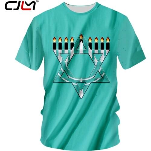 CJLM Man New Black White Stitching 3D Printed Candle And Hexagonal Star Hanukkah Mens Clothing Chinese Style O Neck Tshirt