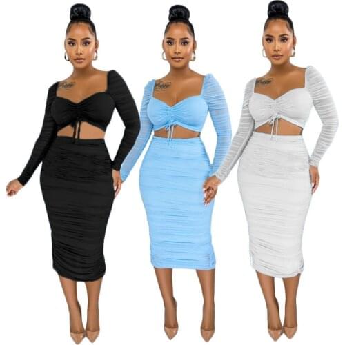 Echoine Autumn Long Sleeve Sheer Mesh Patchwork Crop Top pleated Stacked Skirt Two Piece Set Skinny Bodycon Matching Set Outfits