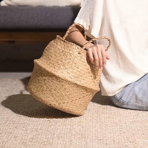 Handmade Woven Folding Basket Housewear Flower Clothing Storage Baskets Organization Natural Art Craft Vintage Decor
