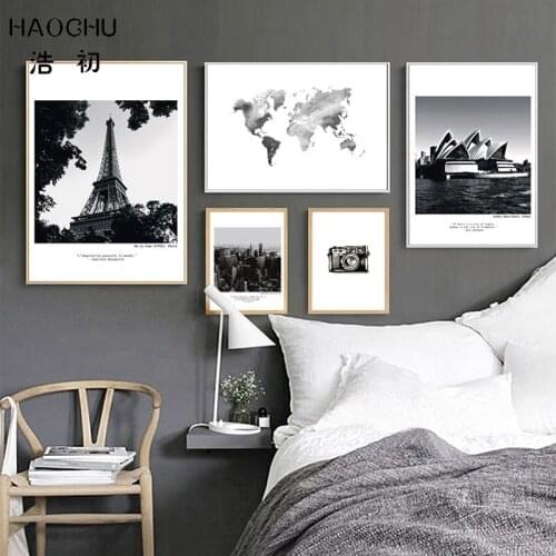 HAOCHU Retro Art Print Poster Black & White Iron Tower Sydneys Theater Sea Landscape Canvas Painting World Map Camera Decor