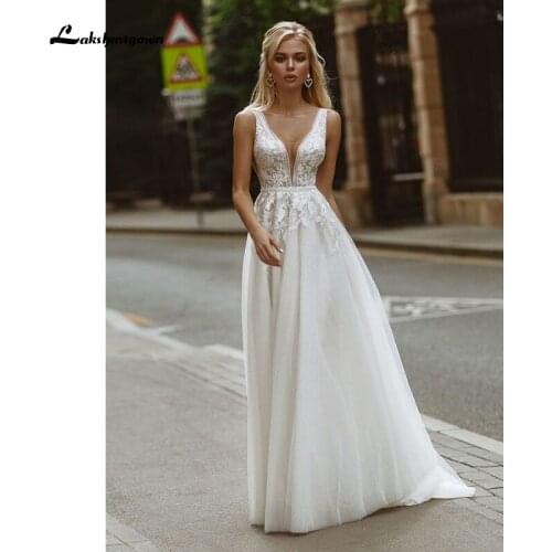 Romantic Boho Wedding Dresses V-Neck Appliques Lace and Tulle A-Line Wedding Gown Beach Simple Bridal Dress bestidos de novia