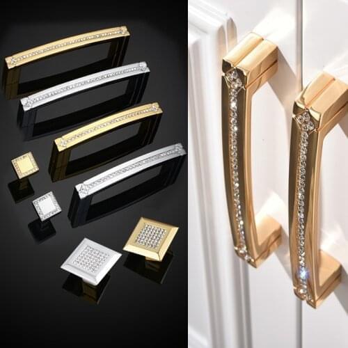 Furniture Crystal Handle Zinc Alloy Europe Inlay Glass Diamond Knob with Real Golden Drawer Cabinet Kitchen Door Hardware pull