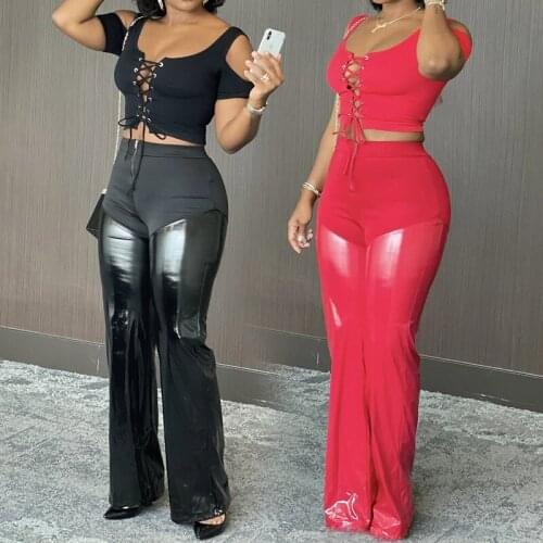 Adogirl Cold Shoulder Lace Up Crop Top High Waist Zipper Pants Pu Stitching Elegant Solid Women 2 Piece Set Office Lady Outfits