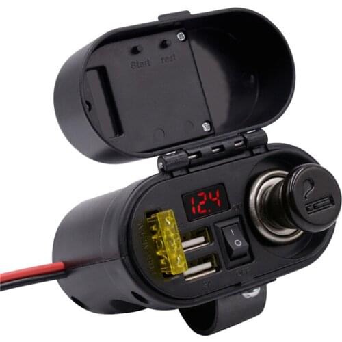 Waterproof Motorcycle Cigarette Lighter Socket Dual USB Charger with Voltmeter Clock Time Display 4 in 1 5v 1A 2.1A Power Supply