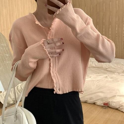 Wood Ear Knitted Cropped Cardigan T-shirt Women Sweet Long-sleeved Single-breasted Solid Color Top 2021 Spring New
