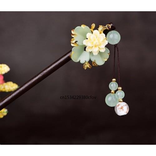 National Style Popular Jade Stone Barrettes Flowers Beads Hairpin Jadeite Jewelry Amulet Fashion Accessories Chinese Gifts Women