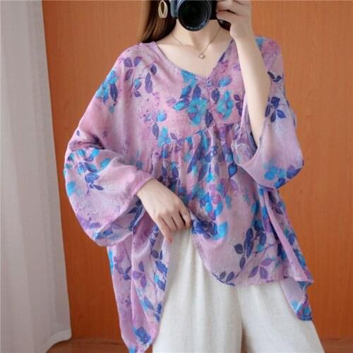 Johnature Summer New Floral Print Plus Size Women Tops 2021 Casual V-neck Nine Quarter Sleeve Purple Irregular Female Blouses