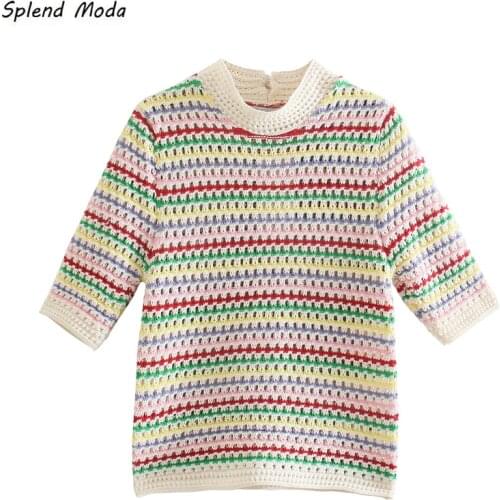 2021 Autumn New Vintage Rainbow Jacquard Slim Striped Knit O-Neck T-Shirt Fashion Short Sleeve Stretch Casual Top Women