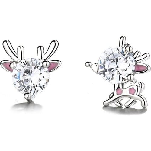 925 Sterling Silver Asymmetry Crystal Deer Earrings Stud Earring for Women Fashion Jewelry Brincos Joyas De Plata 925 eh1295