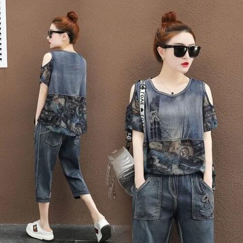 Female Cropped Trousers Denim Suit2021 Women New Summer Fashion Age Reduction Loose Thin Casual Wear Two-Piece Suit Short Sleeve