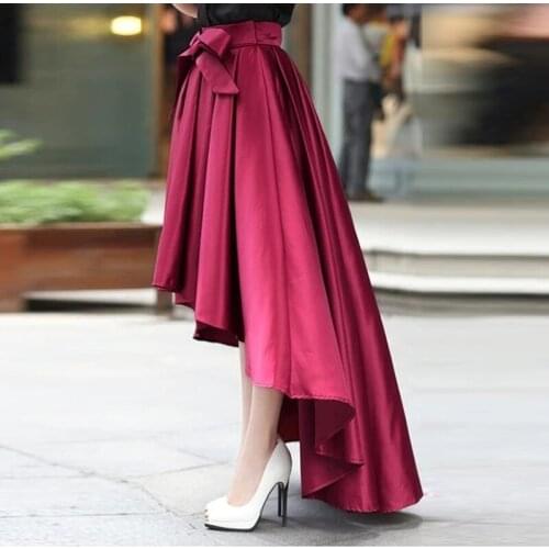 Elegant High-Low Dark Red Satin Skirt with Sash 2020 Women Cocktail Dresses Custom Made Fit Formal Evening Party Wear