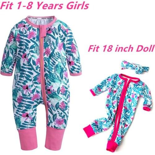 2021 Baby Girls Flower Jumpsuits Sets Kids Reindeer Matching Girls&18 inches Doll Pajama Sets Pyjamas Kids Xmas Pijamas Kids