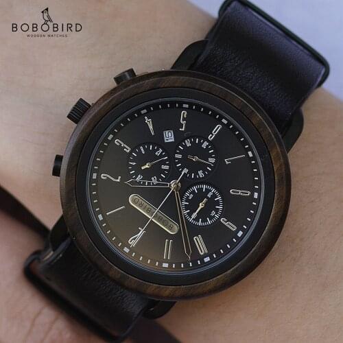 Men Watch BOBO BIRD Top Luxury Wooden Wristwatch Japanese Quartz Movement Auto Date Genuine Leather Timepiece Great Gift relogio