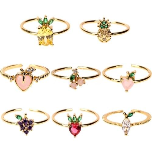 EYIKA New Sweet Cute Fruit Pineapple Grape Strawberry Finger Open Rings for Women Girls 18K Gold Plated Crystal Zircon Anillo