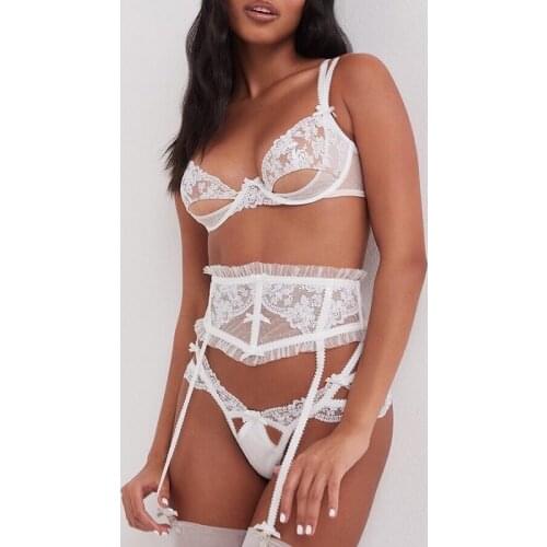 Wriufred Embroidered lace lingerie underpants set hollow sexy underwear ultra-thin see-through bra garter belt T pants suit