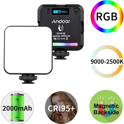Andoer W64RGB Lamp Mini RGB LED Video Light Rechargeable Photography Fill Light CRI95+ 2500K-9000K Dimmable 20 Lighting Effects