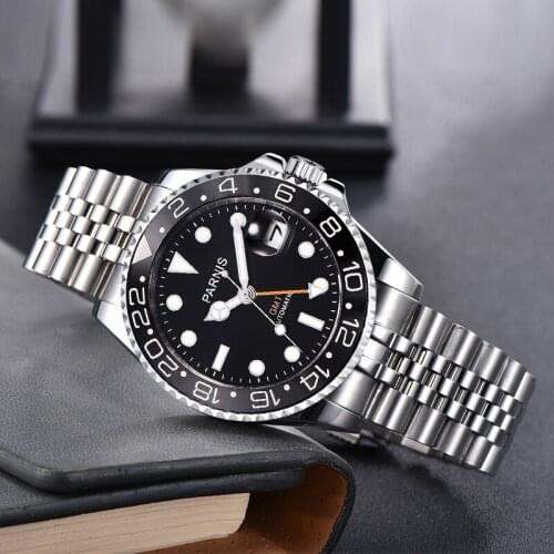 PARNIS GMT Business Sapphire Glass Self Winding Men Watch Date Function Deployment Clasp Jubilee Bracelet