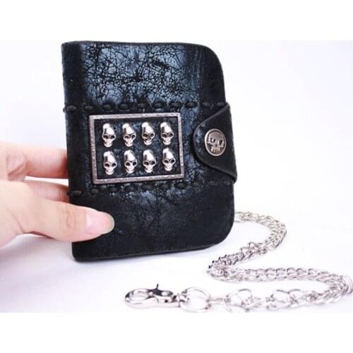 2020 Vintage Punk Style Men Vertical Wallets Boys Goth Skull Heads PU Leather Biker Hasp Wallet with Long Key Chain Black Purse