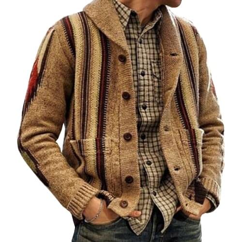New Mens Fashion Jacquard Sweatercoat Autumn/Winter knitted sweater lapel button cardigan warm jacket sweater Male Wool Coats