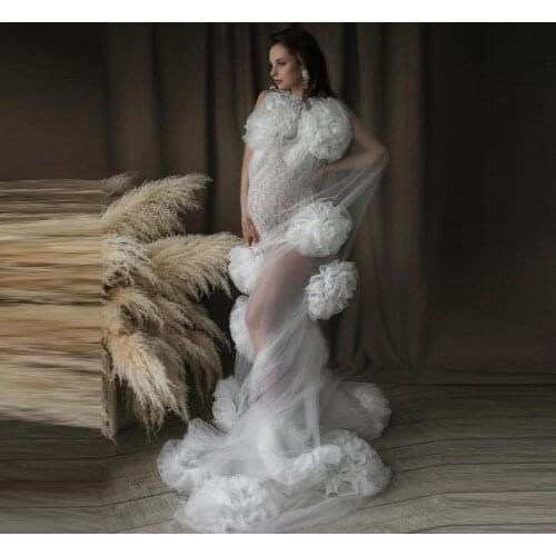 New Arrival Bridal Floral Tulle Robes Custom Made Tulle Flower Maternity Dressing Gonw Sheer See Through Bridal Gown