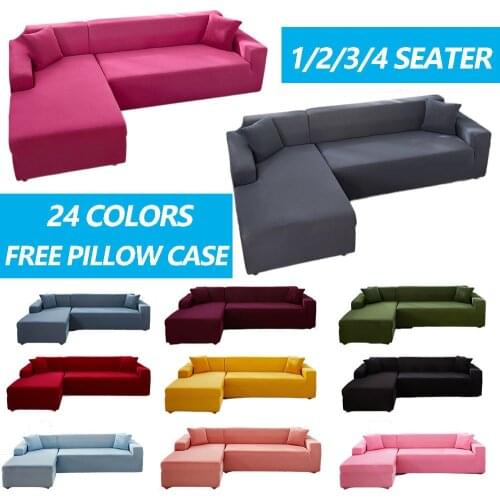 Solid Color L-Shaped Sofa Cover Elastic Adjustable Slipcover Extensible Corner Sofa Covers For Living Room With Free Pillowcase
