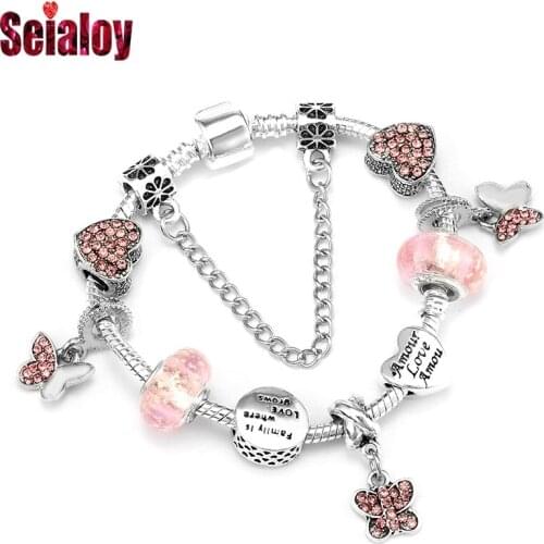 Seialoy Pink Heart Crystal Butterfly Charm Bracelets For Women Girls Original Tree Of Life Glowing Bead Silver Color Bangle Gift
