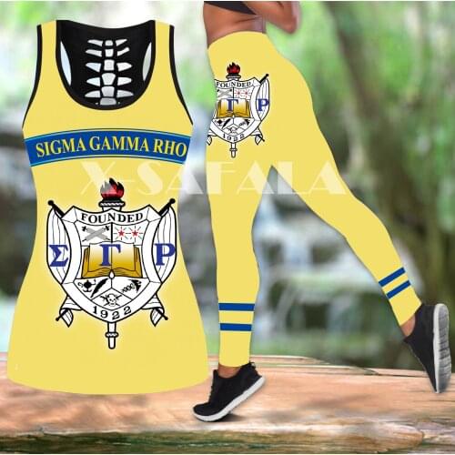 ΣΓΡ Sigma Gamma Rho Two Piece Yoga Set Women 3D Print Vest Hollow Out Tank Top High Waist Legging Summer Casual Sport-1