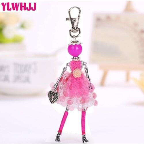 YLWHJJ brand Women Red Doll Handmade Cute keychain Car Pendant Resin flower Girl fashion Jewelry Sequins Bag key chain Statement