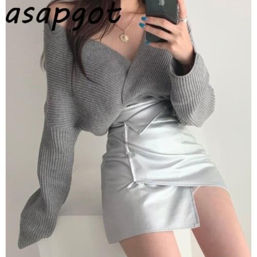 Asapgot Chic Vintage Lazy New V Neck Off The Shoulder Sweater Knitted Pullovers Top Irregular Silver PU Leather Skirt Autumn