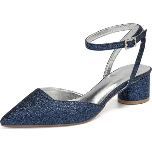 Pointed toe ankle strap kitten low heel lady glitter evening dress shoes block heels bridal wedding party prom nightclub lady