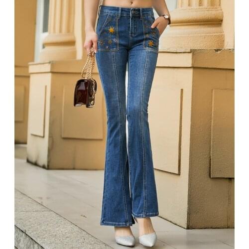 Women jeans Slim autumn embroidery Mid waist boot cut pant jeans Woman 1226