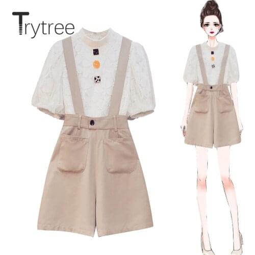 Trytree Summer Women Two Piece Set Casual Stand Collar Puff Sleeve Tops + Sling Shorts Mini Solid Pockets Set 2 Piece Set