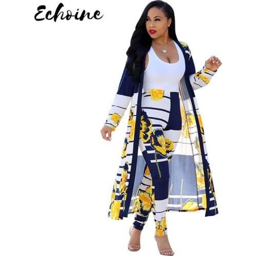 Echoine Autumn Spring Long Sleeve Floral Print Cardigan Trench+Long Skinny Pants 2 Pieces Set Women Casual combinaison femme